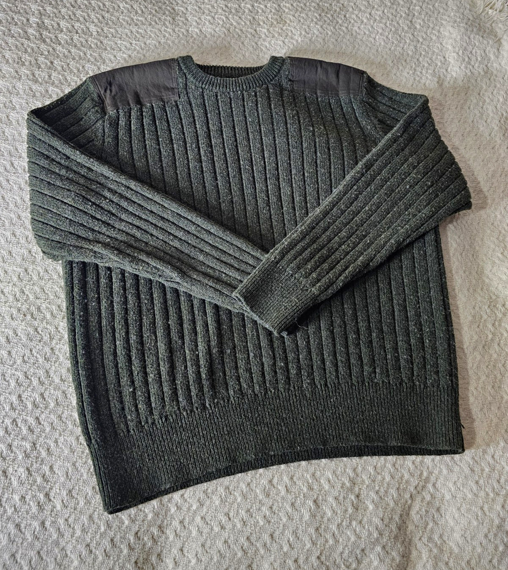 Eddie Bauer Men's Green Cotton Wool Ribbed Knit Crewneck Sweater XL Patches vtg